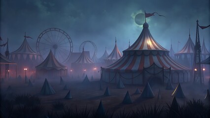 Spooky Carnival at Night with Ominous Tents and Full Moon