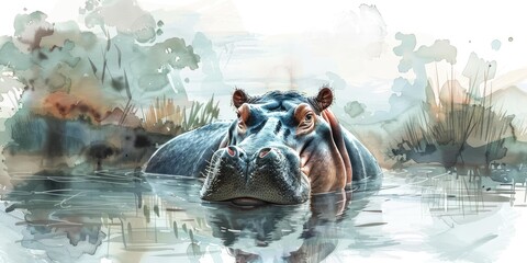Fototapeta premium Watercolor painting of hippopotamus in water.