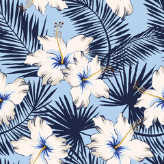 Fototapeta premium Tropical hibiscus flowers, palm leaves silhouette, light blue background. Vector floral illustration. Seamless pattern. Exotic plants. Summer beach design. Paradise nature