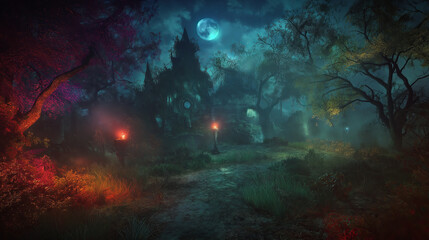 Mysterious Foggy Forest Path with Eerie Lantern Light, halloween