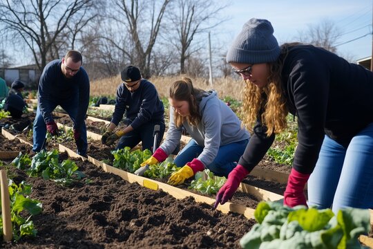 Community Volunteers Planting Vegetables in a Local Garden on a Sunny Afternoon