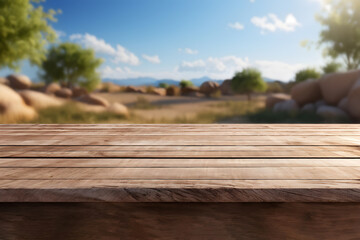 Fototapeta premium Empty wooden table with rural backdrop for product display