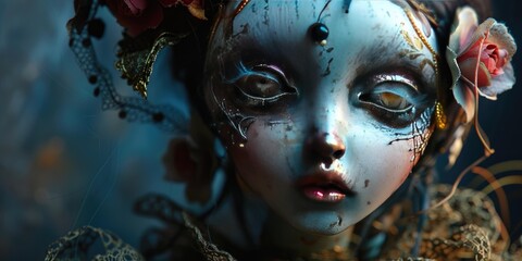 Close up portrait of a doll with intricate makeup.