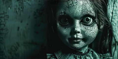Creepy doll with text-covered face.