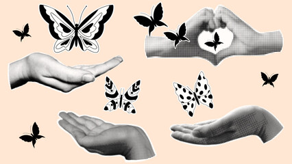 Y2K black and white butterflies. Hand drawn vector stickers collection. Conceptual retro collage with hands. © Aliaksandra