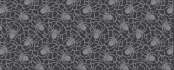 Pattern Spiders and web on dark background. Halloween party banner. Vector holiday wallpaper with scary mosaic spiders and web.