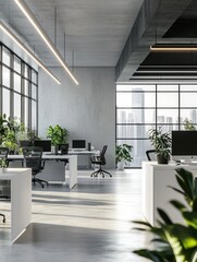 A typical modern office scene with multiple desks and greenery, suitable for commercial or educational settings