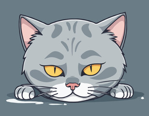 Sad gray cat Tik lies in tears. Vector illustration