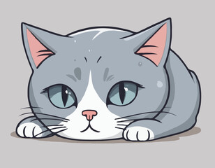 Sad gray cat Tik lies in tears. Vector illustration