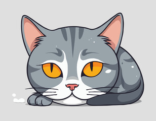 Sad gray cat Tik lies in tears. Vector illustration