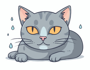 Sad gray cat Tik lies in tears. Vector illustration