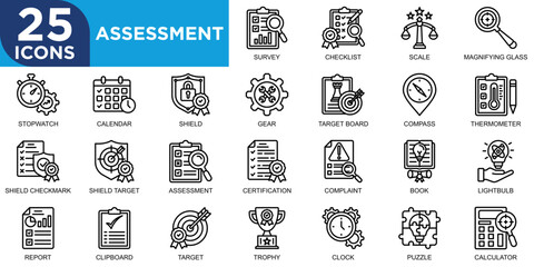 assessment, analysis, evaluation, business, service, check icon set. Outline icons collection. Simple vector illustration