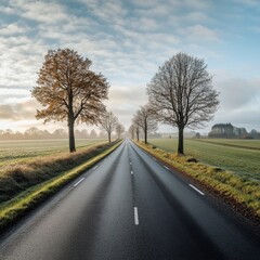 Fototapeta premium A lovely autumn stretch of winding road set amidst deciduous woodlands.
