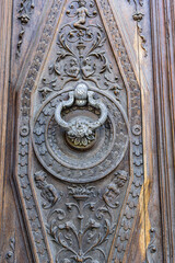 Ornate metal knocker on a carved wooden door in Granada.