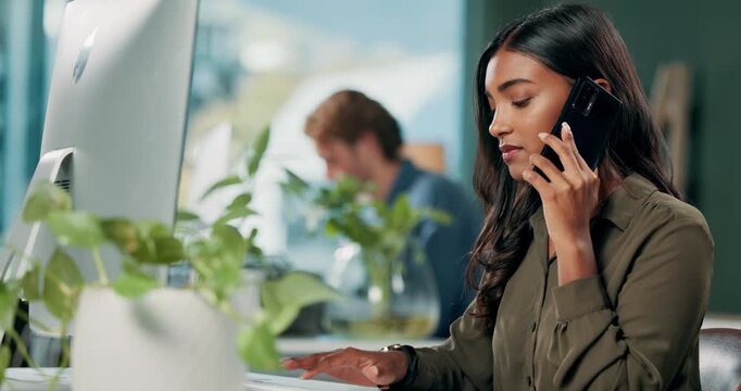 Stress, phone call and business woman on computer for speaking, conflict and argue with contact. Worker, frustrated and talking on mobile for fail in deal negotiation, mistake and typing in office