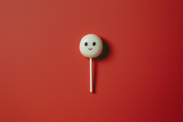 Minimalist White Lollipop with Smiling Face on Red Background