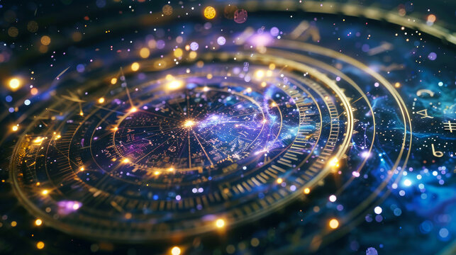 Astrological signs on shiny golden circle in blue space, abstract Zodiac wheel with stars and galaxy. Concept of astrology, symbol, horoscope, background and time