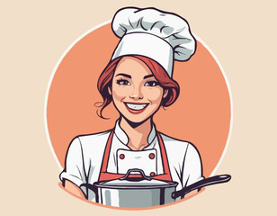 Smiling female cook with saucepan 
