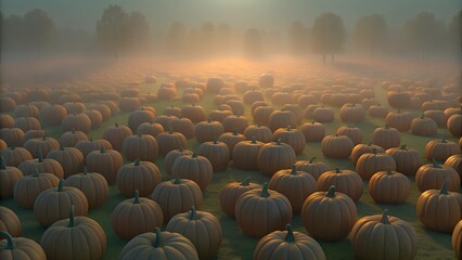 Obraz premium Misty Pumpkin Patch at Dawn with Soft Sunrise Glow