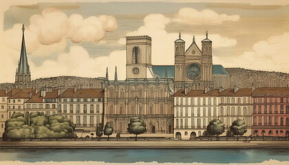 Obraz premium Lyon city view. Panoramic vintage image