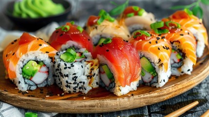   A platter of sushi with chopsticks, accompanied by a guacamole bowl and sauce background