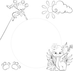 Vector circle frame - baby dinosaur. Diplodocus with palm leaves, Clipart for baby shower, nursery, decor, stickers, prints with historical animals. Jurassic period. Black silhouette for circuit