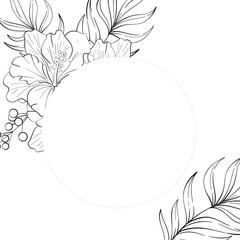 Vector circle frame Hibiskus bouquet with palm leaves. Tropical botanic illustration. Summer exotic, elegant flora. Black silhouette for circuit © Yekaterina Kashutina