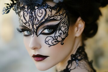 Woman with elegant masquerade Halloween makeup, with an intricate mask design