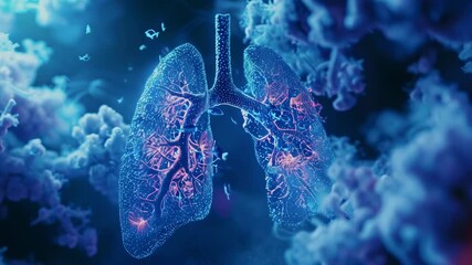 A digital rendition of human lungs immersed in a biochemical atmosphere. The glowing lungs, surrounded by abstract particles, symbolize respiratory health and scientific study. The scene evokes a