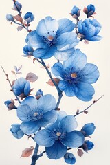   A close-up image of a blue bloom on a branch with green foliage and unopened blossoms against a white background, framed by a blue sky