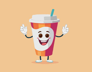 Coffee smiling paper cup cartoon character with hands and legs vector illustration in colorful style on light background