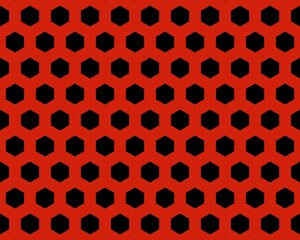 a repeating pattern of black hexagons on a red background. The hexagons are evenly spaced and create a sense of order and symmetry