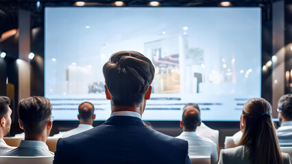 Fototapeta premium Corporate event presentation with executives watching a presentation on a big screen.