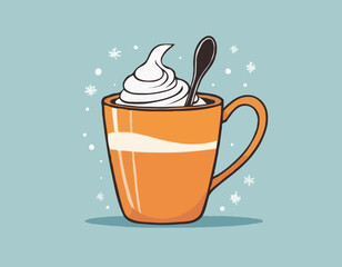 Coffee drink in a mug and spoon. Accessory for comfort. Season is winter or fall. Warmth and comfort. - Vector. Vector illustration