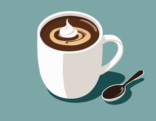 Coffee drink in a mug and spoon. Accessory for comfort. Season is winter or fall. Warmth and comfort. - Vector. Vector illustration