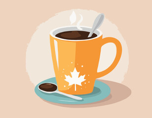 Coffee drink in a mug and spoon. Accessory for comfort. Season is winter or fall. Warmth and comfort. - Vector. Vector illustration