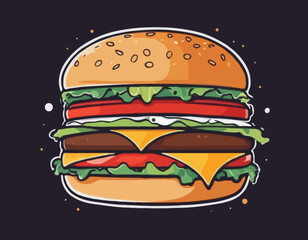 Burger with meat, cheese and vegetable for design of logo or emblem. American fast food or hamburger for label or poster. USA food with bun, lettuce, cheese, tomato, onion, cutlet for store