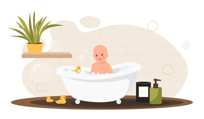 Baby in bathroom. Toddler sits in bathtub in soap foam with rubber ducky. Cleanliness and hygiene. Kid with shampoo in bathtub. Flat vector illustration isolated on white background