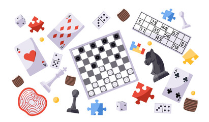 Board games set. Playing cards, chessboard with pieces, puzzles and dice. Gambling, games for fortune and luck. Hobby and leisure. Flat vector collection isolated on white background