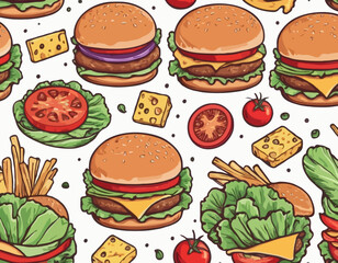 Burger with meat, cheese and vegetable for design of logo or emblem. American fast food or hamburger for label or poster. USA food with bun, lettuce, cheese, tomato, onion, cutlet for store