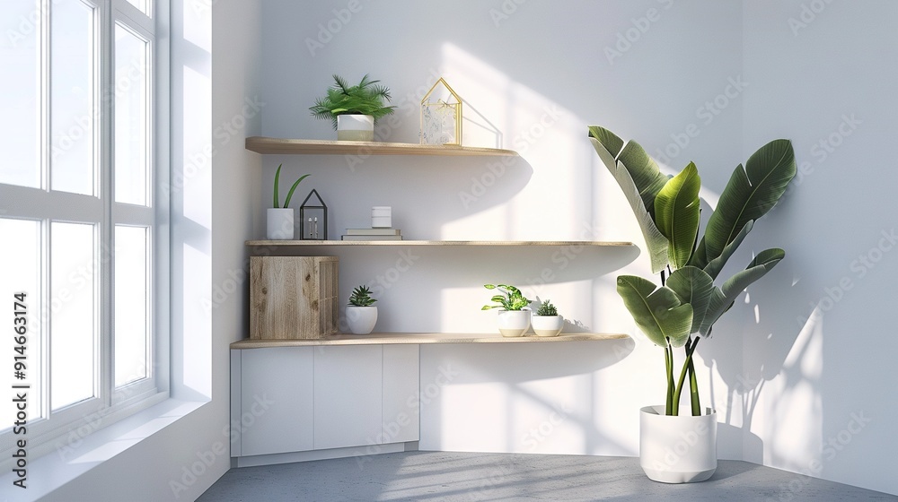 Poster   A potted plant sits atop a wooden shelf beside two white-shelved potted plants