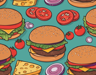 Burger with meat, cheese and vegetable for design of logo or emblem. American fast food or hamburger for label or poster. USA food with bun, lettuce, cheese, tomato, onion, cutlet for store