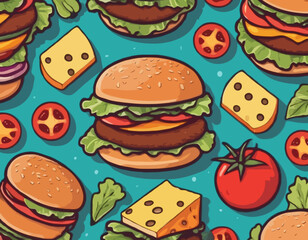 Burger with meat, cheese and vegetable for design of logo or emblem. American fast food or hamburger for label or poster. USA food with bun, lettuce, cheese, tomato, onion, cutlet for store