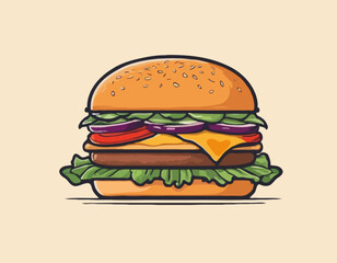 Burger with meat, cheese and vegetable for design of logo or emblem. American fast food or hamburger for label or poster. USA food with bun, lettuce, cheese, tomato, onion, cutlet for store