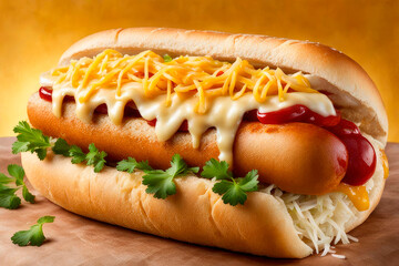Large appetizing hotdog on paper. Sauce drips down grilled sausages topped with grated cheese and cilantro leaves in soft bun. Popular fast food