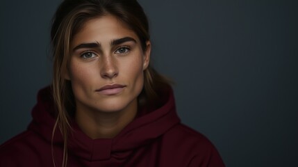 Fototapeta premium Moody portrait of a young Caucasian woman with a serious expression, wearing a maroon hoodie against a dark background