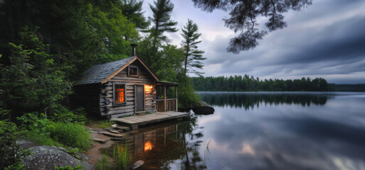 Fototapeta premium Tranquil Wooden Cabin at Dusk by Serene Lake Surrounded by Lush Forest