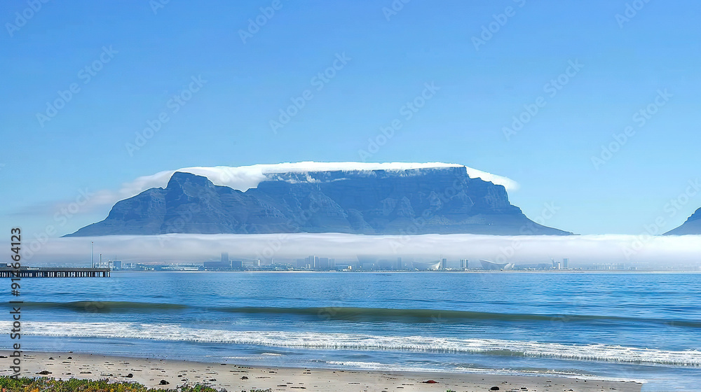 Canvas Prints   Mountain and water with pier in foreground and city in background