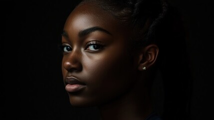 Intense portrait of a young African American woman with a serious expression, highlighted by dramatic lighting in a dark setting