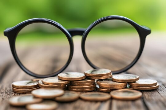 Stacked coins through bifocals symbolizing focused financial planning and investment foresight
